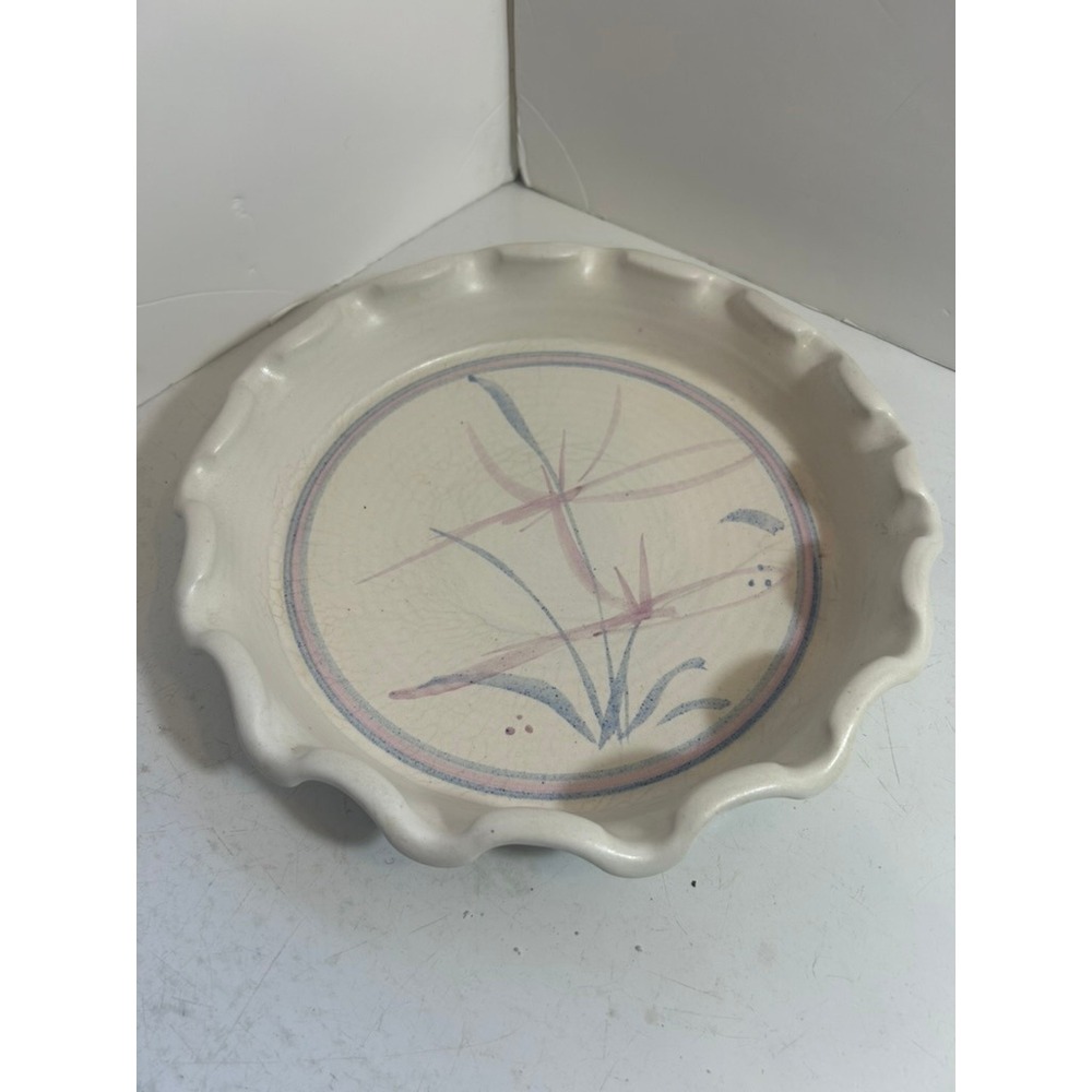 Vintage Hand Painted Ceramic Ruffled Pie Dish Floral Pink Blue 9‎ Inch Deep Dish
